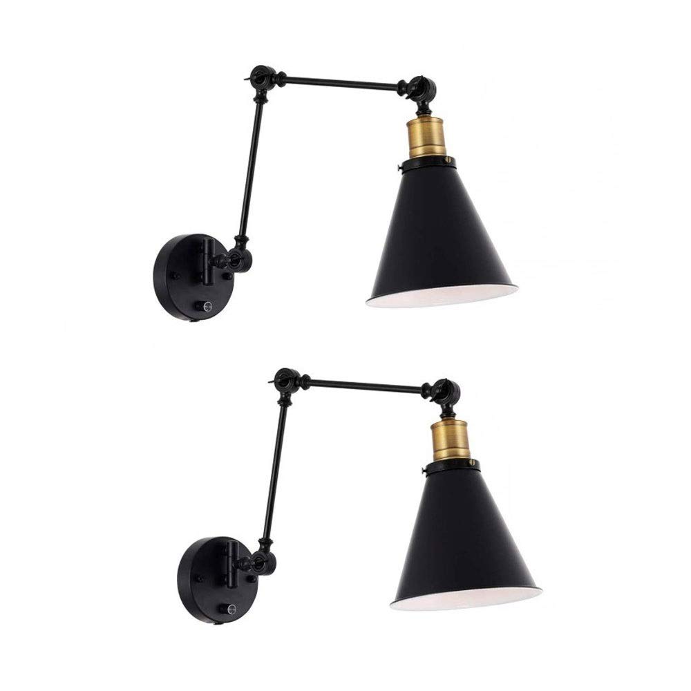 OUUED European Wall Light 2-Pack Plug in Wall Sconces, Swing Arm Wall Lamp with Switch, Metal Black Vintage Industrial Wall Mounted Lighting Reading Light Fixture for Bedside Bedroom Indoor Doorway