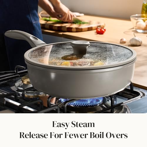 Image of Redchef Deep Ceramic Frying Pan with Lid, Nonstick Saute Pan Cookware All Cooktop Compatibility, Stay-Cool Handles, PFOA Free, Healthy Coating, Tempered Glass Cover, Even Heat, Grey (3.7Qt, 10 inch)