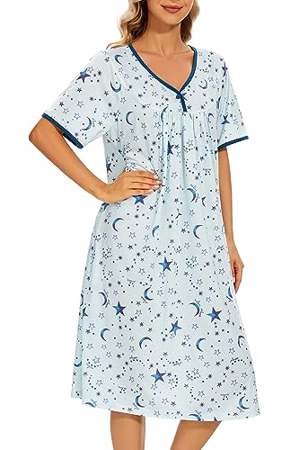 Image of AVIIER Nightgows for Women Soft Cotton Night Shirts Short Sleeve Sleepwear with Pockets