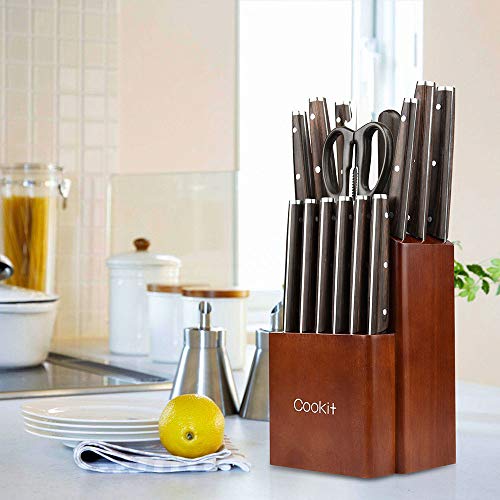 Kitchen Knife Sets, Cookit 15-Piece German Stainless Steel Chef Knife Set with Wooden Block Holder and Sharpener, Color Handle Knife Block Set
