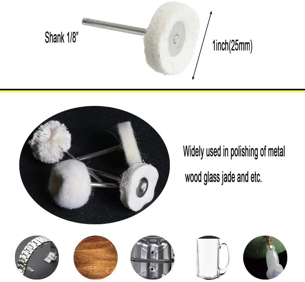 50 Pcs 1 Inch Mini Brush Polishing Buffing Wheel Set Wool Felt Cotton Mounted for Rotary Tool Accessories for Watch and Jewelry
