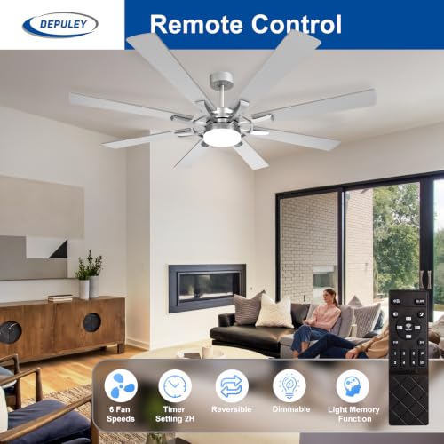 Image of Depuley 72-Inch Ceiling Fan with Light: Modern 8-Blade Brushed Nickel Indoor Outdoor Fans with Remote Control Dimmable Light - Ultra Quiet DC Motor Reversible 6 Speed Timer