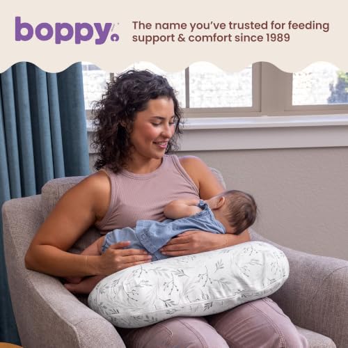 Image of Boppy Nursing Pillow - Verified Safe Breastfeeding Pillow with Softer Fill for Comfortable Support, Machine Wash & Dry Cover, Non-Toxic Materials - Gray Gentle Leaves