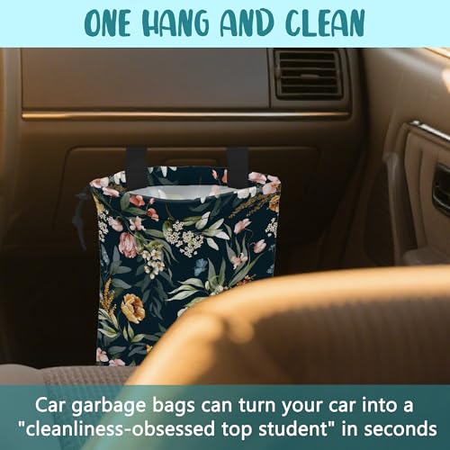 Image of Car Garbage Bag Watercolor Floral Branches Hanging Canvas Car Trash Bag Waterproof Drawstring Car Back Seat Organizer for Car Back Front Seat Console with Adjustable Buckle