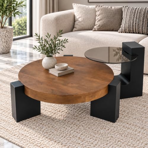 Image of The Attic Josephine Coffee Table Set, Glass Coffee Table, Wooden Centre Table, Modern Table for Living Room