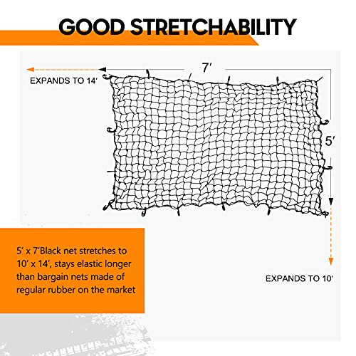 Image of 7' x 5' Heavy Duty Bungee Cord Cargo Net Stretches to 14' x 10'-Latex Truck Bed Mesh with 12Pcs Free Adjustable Hooks for Secure Carrying on Roof Luggage Rack,Cargo Carrier and Pickup Truck Bed