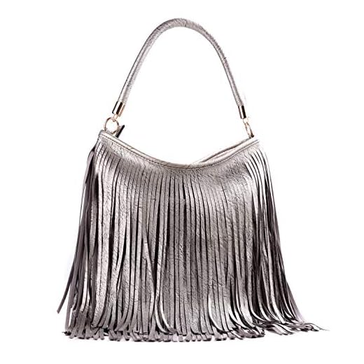 Wedmay, Borsa a tracolla da donna con frange, in morbida pelle sintetica, Argento (Style 1 - Argento), Large