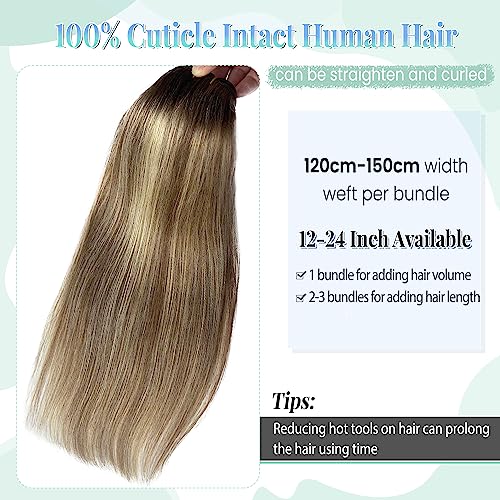 Image of Weft Hair Extensions Human Hair,24 Inch 120G Sew in Hair Extensions Real Human Hair Bundles Natural Black and Blonde Highlights Hair Extensions Real Human Hair Weft Extensions Weave Bundles for Women