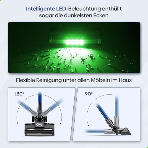 Olvy Akku-Staubsauger mit Wischfunktion, Tierhaare/Teppiche/Hartböden, Kabelloser 2-in-1, ohne Beutel, 35KPA Saugleistung, 5 Stufen, LED-Display, Leichter Staubsauger mit HEPA-Filter & Zubehör 5
