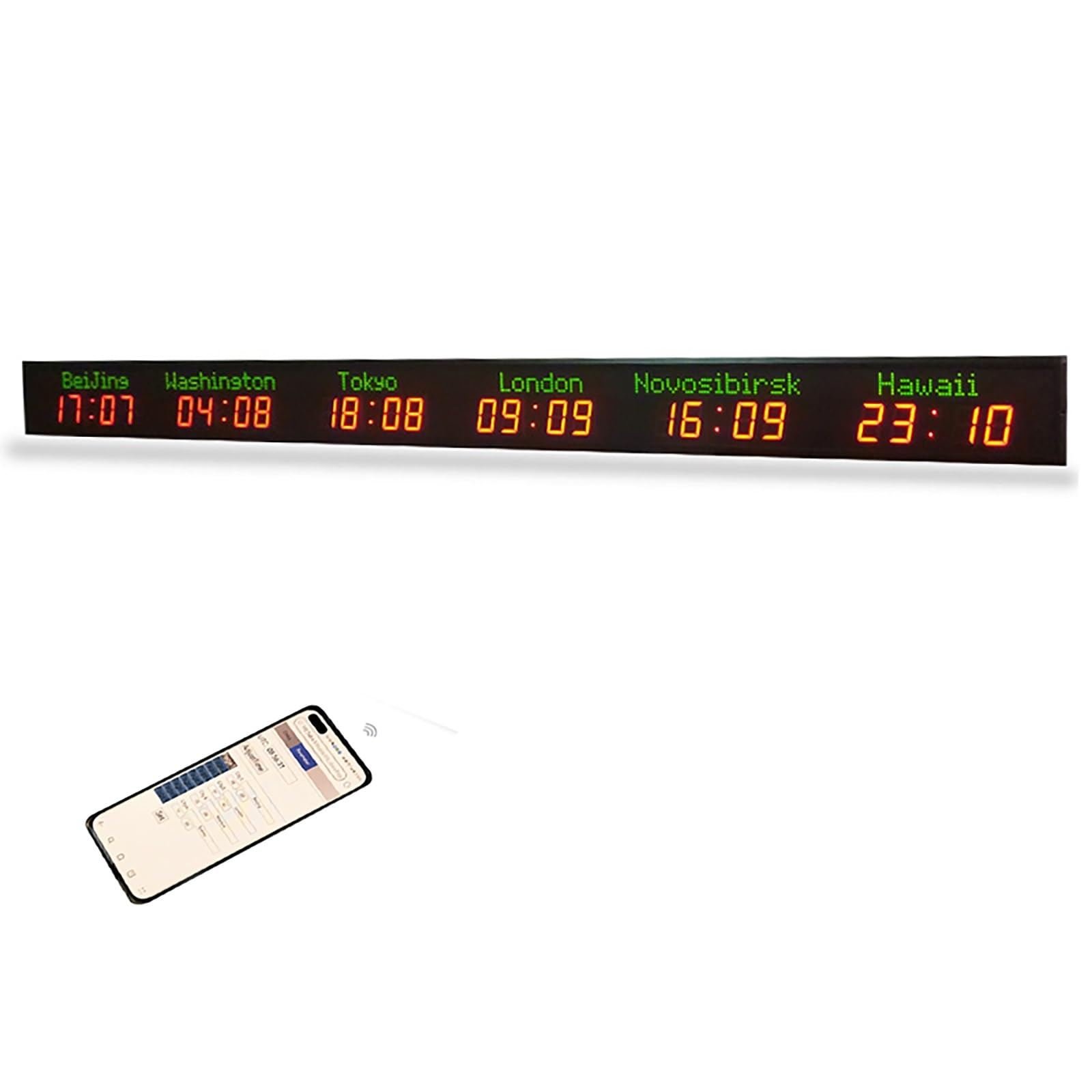 Edytowalny zegar LED z czasem światowym, cyfrowy zegar stref czasowych dla wielu miast, sterowanie Wi-Fi, regulacja jasności, kolorowy wyświetlacz, zegary dla lotnisk, hoteli(6)