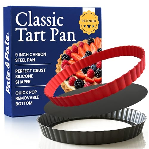 Patz&Patz Classic Tart Pan 9 Inch Removable Bottom with Patented Silicone Crust Shaper | Nonstick Carbon Steel Quiche Baking Dish, Fruit Tart Molds for Baking, Quiche Pan & Pie Mold – PFOA & PTFE-Free