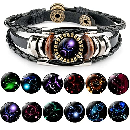 12 Zodiac Constellation Bracelets Charm Leather Braided Rope Bracelet for Women Men Hand Woven Braided Rope Bracelet Punk Chain Fashion Jewelry Accessories Birthday Gift, 1PC (Aries)