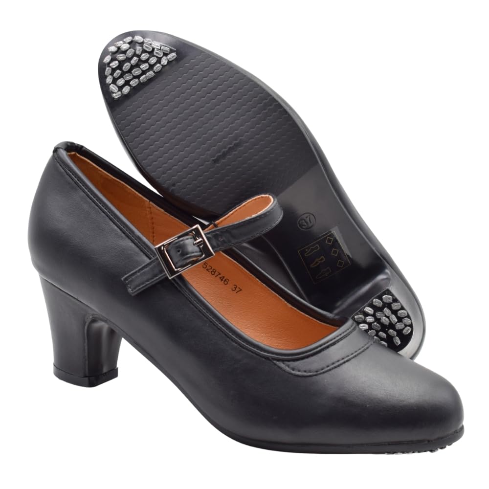 PASARELA - Zapatos de Baile Flamenco de Piel Vegana con Clavos para niña y Mujer Tallas 27 al 43 Color Negro Sintético
