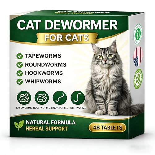 Dewormer for Cats Broad Spectrum Dewormers for Cats and Kittens Cat Dewormer for All wormers Hookworms Whipworms Tapeworms & Roundworms Promotes Digestive Comfort & Daily Balance 48 Tablets