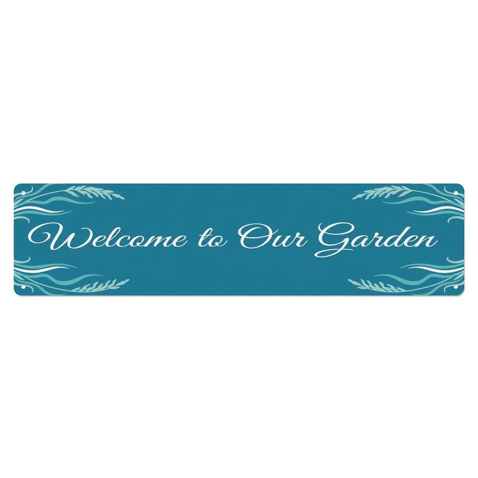 Vintage Welcome to Our Garden Teal Blue Metal Tin Sign