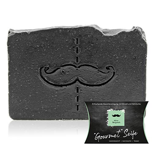 Preisvergleich Produktbild Monsieur Gourmet Seife"Minz-Bergwerk" - schwarze Gesichtsseife mit Aktivkohle - handgeschöpfte Naturseife - Tiefenreinigung für das Gesicht - Geschenk für Frauen und Männer