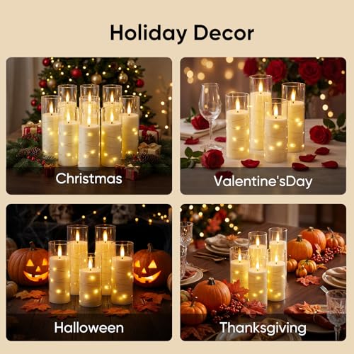 Image of Homemory Flameless Candles with Remote Timer, Clear Acrylic Flickering LED Pillar Candles with Embedded Fairy String Lights, Battery Operated Candles for Wedding Fireplace Lantern Home Decor, Set of 9