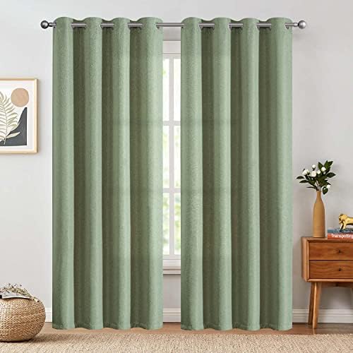 jinchan Linen Textured Curtains 84 Inch Length 2 Panels Green Curtains for Living Room Grommet Top Light Filtering Thermal Insulated Bedroom Window Drapes Sage Green