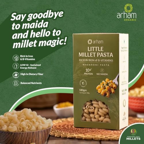 Image of Arham Organic Foxtail & Little Millet Pasta Combo 2 x 180g | Healthy No Maida Pasta | High Fiber & Protein | Non-GMO, No Preservatives | Easy & Quick to Cook