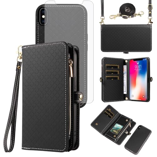 Housse de téléphone portable iPhone X avec fermeture éclair portefeuille et bandoulière