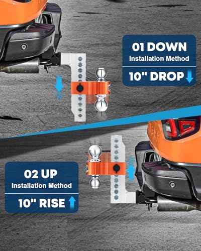 Image of Kohree Adjustable Trailer Hitch Fit 2 Inch Receiver, Dual Solid Ball 2 inch and 2-5 /16 inch(12,500 LBS GTW), 10 inch Drop & Rise Heavy Duty Aluminum Tow Hitch with 4 Silencer Pads & 2 Locking Hitch Pin, Orange