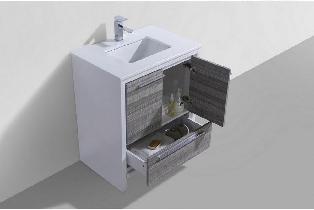 KubeBath Dolce 30″ Ash Gray Modern Bathroom Vanity with White Quartz Counter-Top