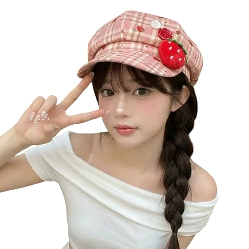 Y2K Plaid Strawberry Patch Newsboy Hat, Lightweight Retro Beret Style,