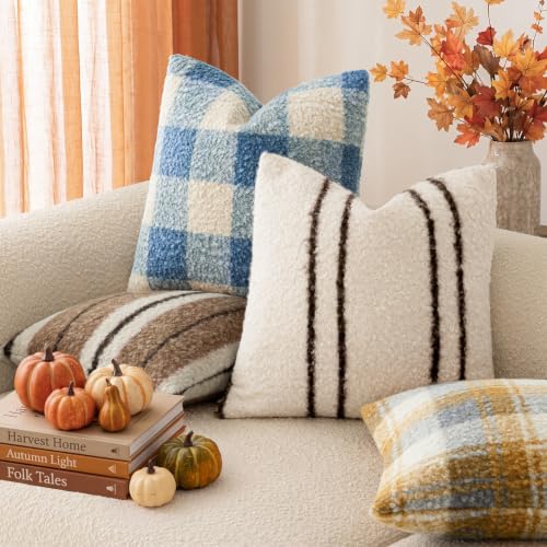 Image of Foindtower Pack of 2 Soft Faux Fur Boucle Throw Decorative Pillow Covers Fuzzy Accent Striped Cushion Sherpa Boho Farmhouse Pillowcase for Couch Sofa Bed Living Room Home Decor 20x20 Inch,Ivory
