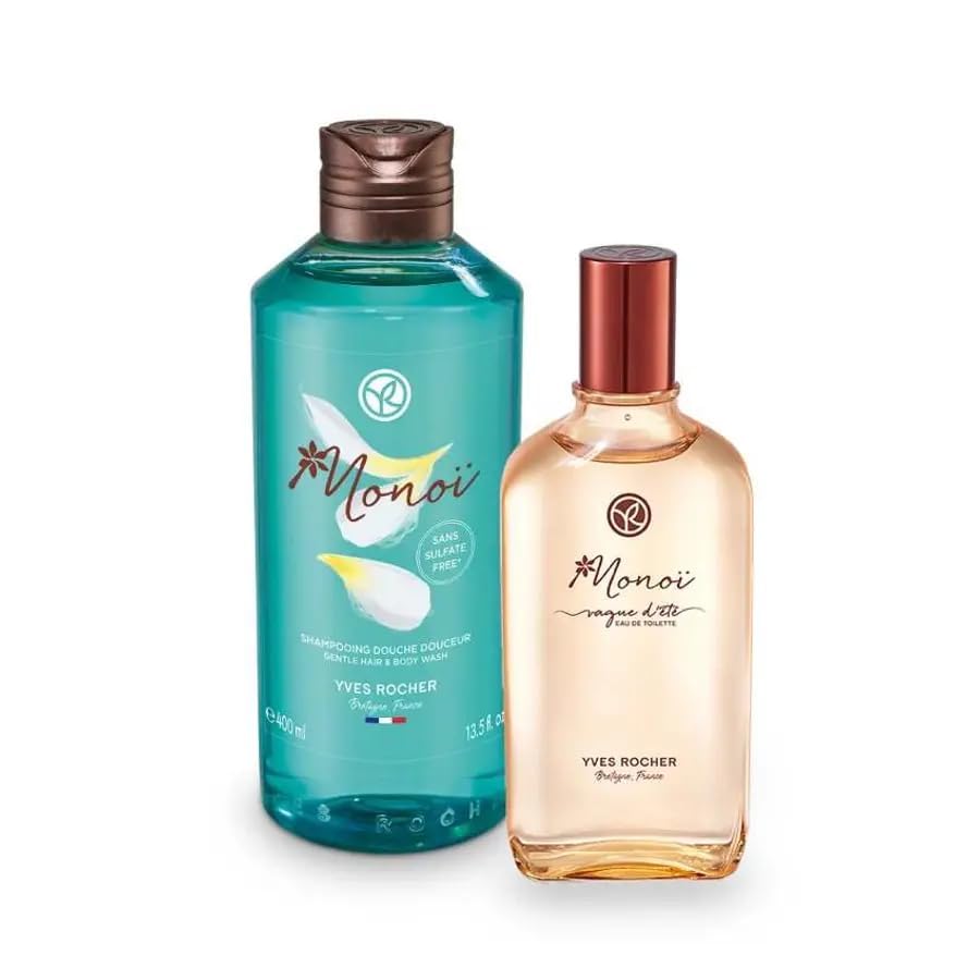 Yves Rocher Set Monoï: Champú-Gel de Ducha 2 en 1 y Eau de Toilette Vague d'Été 100ml - Pack de Higiene y Fragancia Exótica de Verano con Aroma de Monoï de Tahití Flores de Tiaré