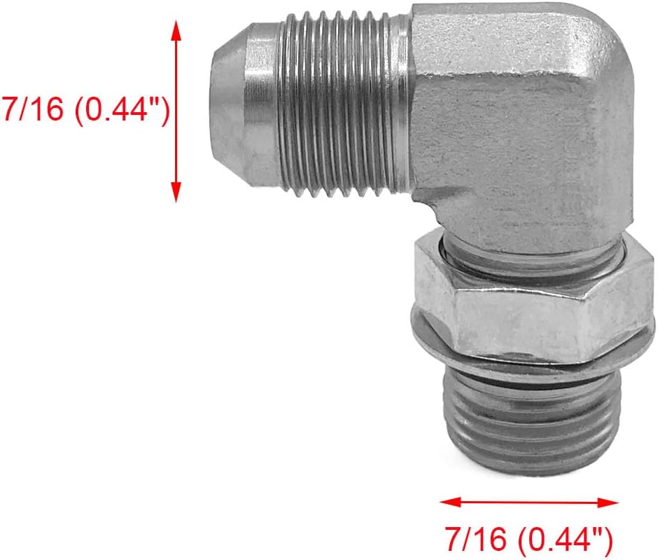 (2-PACK) 6801-04-04-NWO Hydraulic Hose Adapter Fitting 1/4" Male JIC 37° Flare (7/16-20 UNF) × 1/4" Male Adjustable Nut O-Ring Boss (7/16-20 UNF) 90° Elbow SAE Pipe Connector Carbon Steel