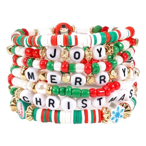 Budsmile Christmas Beaded Bracelets for Women Elk Snowman Bell Snowflake Stanta Xmas Tree Heishi Bracelets for Women Friendship Joy Merry Christmas Letter Jewelry
