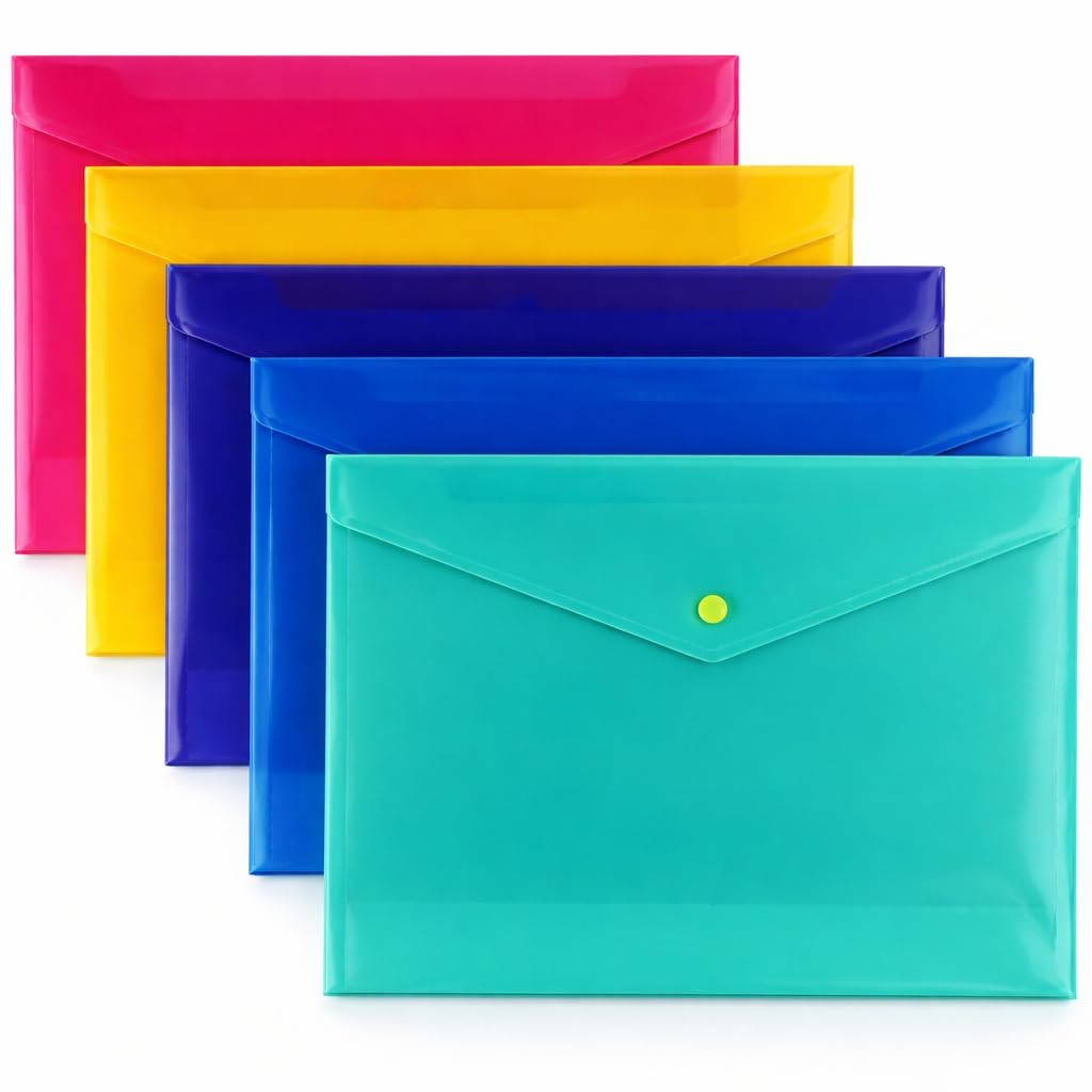 A4 Popper Wallets – 5 Assorted Colours Plastic Document Folders with Snap Closure, Lightweight Filing Wallets for Office, School & Home Organization