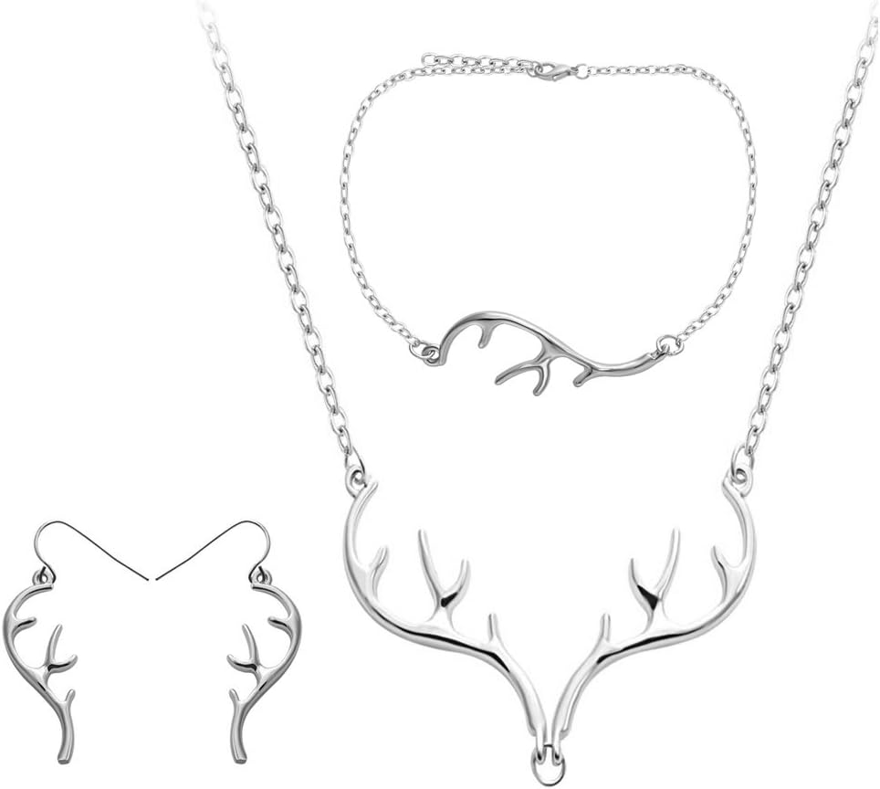 Deer Antler Bracelet 7" 8" Earrings Necklace 18" Set Women Jewelry 3 Tone Christmas