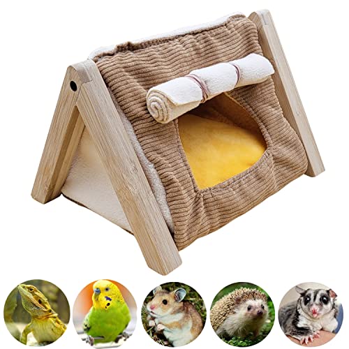 Small-Animal-Wood-Teepee-Tent-with-Curtain-Cushion-Cave-Bed-Warm-House-Habitat-Hideout-Tunnel-for-Hamster-Sugar-Glider-Hedgehog-Gerbil-Rat-Bearded-Dragon-Bird-Small-Animals-Cage-Supplies-M-Brown