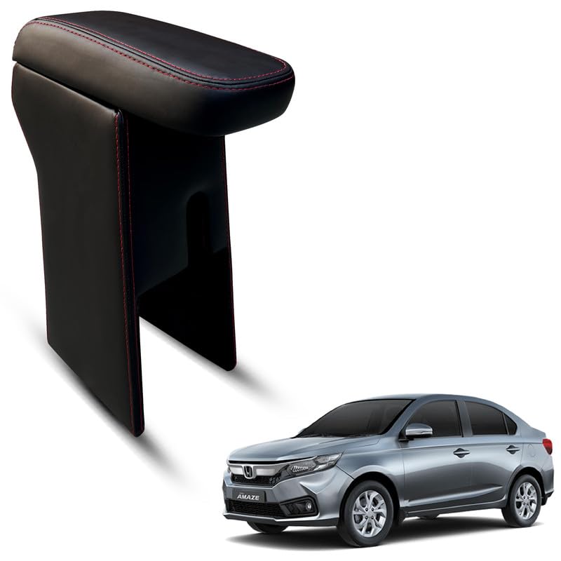 Image of Carigiri Premium Finish Car Armrest with Storage Box And High Density Moulded Foam For Honda Amaze (Models-2018-2024) (Black With Red Double Stitching,Nappa Leatherette)