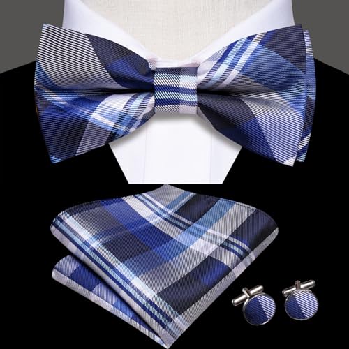 Image of Hi-Tie Bow Tie Men Pre Tied Bowtie Pocket Square Cufflinks Lapel Pin Formal Wedding Bow Ties for Men Party Tuxedo Bowtie Set,Blue White Plaid