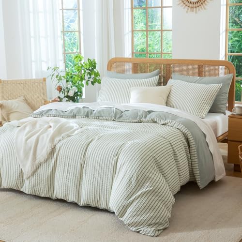 Image of Green Striped Comforter Set Queen - 3 Pieces Bedding Comforter Set for All Season, Soft Lightweight Washed Microfiber, 1 Striped Comforter and 2 Pillowcases (Green, Queen Size)