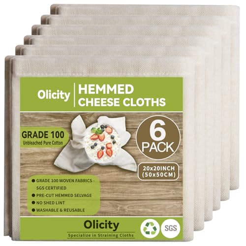 Olicity Cheese Cloths, 6PCS, Grade 100,20x20Inch Hemmed Chee...