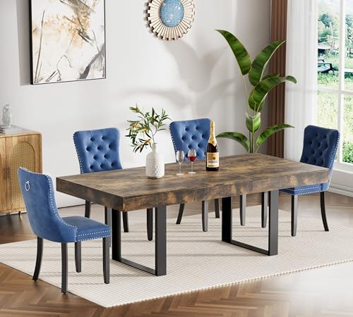 Image of Rustic Brown Dining Room Table Set for 4, 5-Piece 63 inch-78.74 inch Extendable Dining Table Set with 4 Upholstered Chairs, Rectangle Wooden Expanding Kitchen Table and Blue Chairs Set