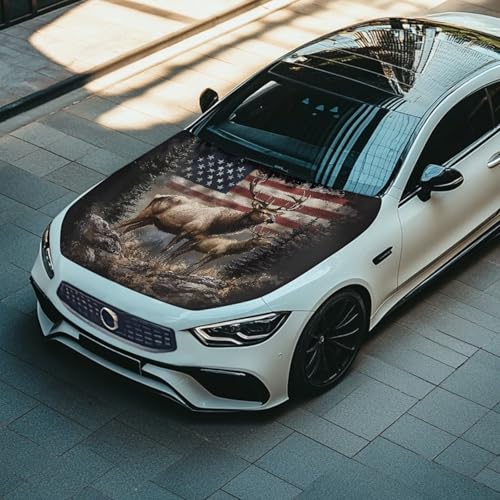 Image of Deer American Flag Hood Cover for Car SUV Sedan Truck, Waterproof Elastic Polyester Car Hood Protector, Patriotic Decorative Automotive Accessories for Summer