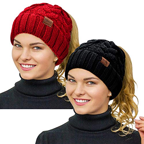 Rosoz Ponytail Beanie for Women,Winter Warm Beanie Tail Soft Stretch Cable Knit Messy High Bun Hat