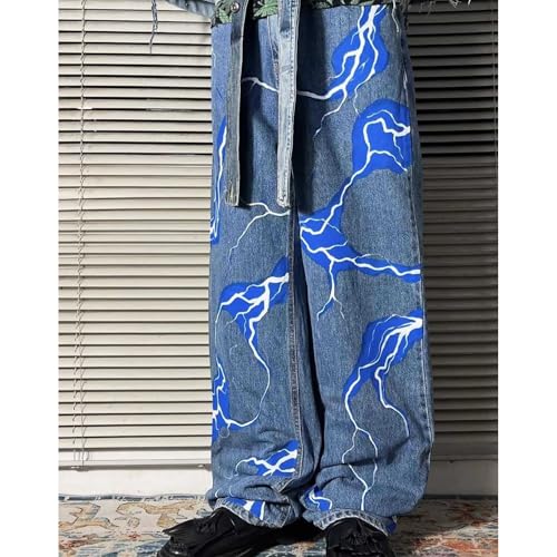 Baggy Jeans Men Graphic Lightning Bolt Y2k Jeans Men Open Bottom Parachute Streetwear Wide Leg Denim Pants3