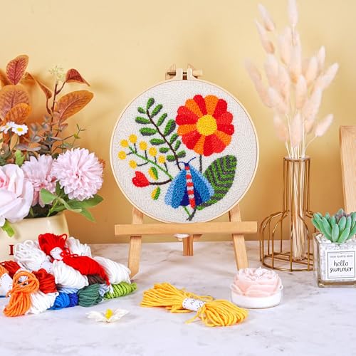 Image of KESTAR Punch Needle Embroidery Starter Kits, Flower Dragonfly Punch Needle Kits for Adults Beginner, Needle Punch Kit Tool with Instruction Threader Fabric Yarns and Hoop