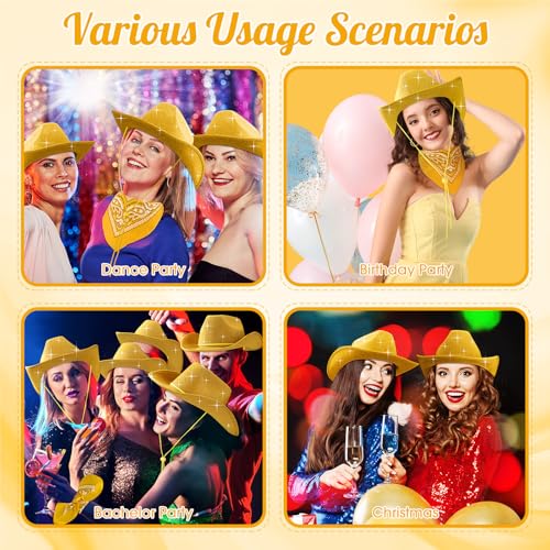 Image of Coume 12 Pcs Sparkly Adults Cowboy Hat and Bandanas Women Men Western Glitter Cowgirl Party Hats with Adjustable Drawstring