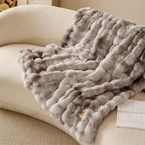 Image of Bedsure Fluffy Bubble Faux Fur Throw XL Blanket, 50 inchx70 inch, Tie-dye Brown
