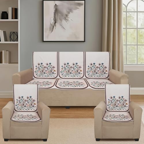 Image of Velvet 3 Seater Sofa Cover with 6 Seat and Back Covers - Floral Design - Washable Fabric - Stylish Sofa Cover for Modern Living Room (Beige, 3 Seater Without Arm Cover)