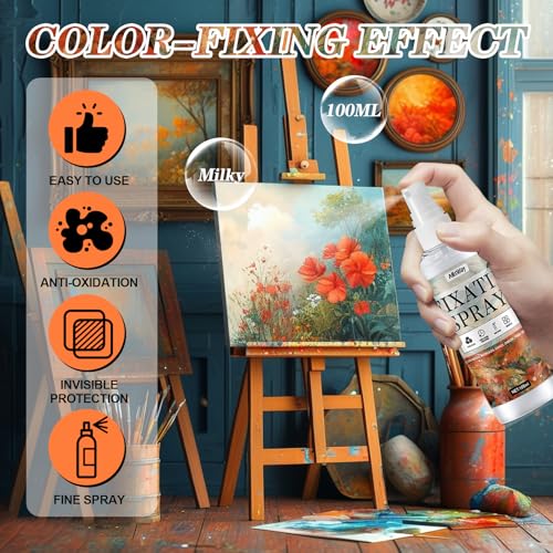 AllisWay Fixativ Spray für Pastellkreide, Fixativ Spray, Fixierspray Acrylfarbe, Fixierspray Pastellkreide für Schützen Buntstifte, Wachsmalstifte, Ölgemälde, Transparent Nach Dem Trocknen, 100ml