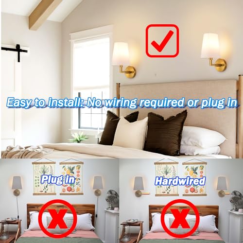 Image of Wall Sconces Battery Operated Set of Two,Wireless Rechargeable Wall Sconce 7 Color RGB USB Up to 50 Hours Use Time,Not Hardwired Battery Operated Wall Lights for Bedroom Living Room, Brass
