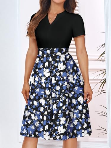 Image of YATHON Womens Elegant Print Notched Neck Slant Pocket Pleated Hem Casual A-Line Dress