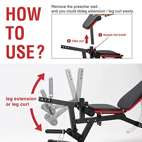 ER KANG Adjustable Weight Bench- 8+4 Positions Workout Bench with Preacher Pad, Leg Extension, Multi-Functional Incline/Deline/Flat Bench for Home Gym, Strength Training(Upgraded)